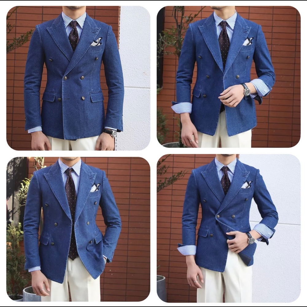 Men's Blue Denim Blazer Double Breasted Peaked Lapel Size XS